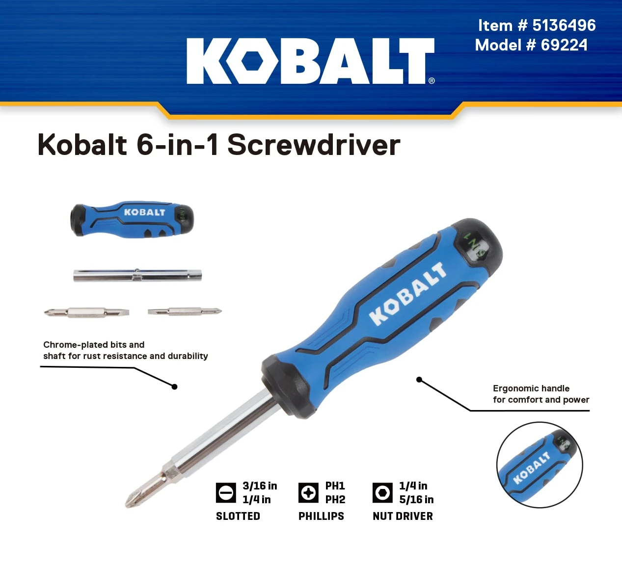 Kobalt 6-in-1 Blue 4 -Piece 2-in Combination Tip Screwdriver 5 Kobalt 6-in-1 Blue 4 -Piece 2-in Combination Tip Screwdriver - Image 5