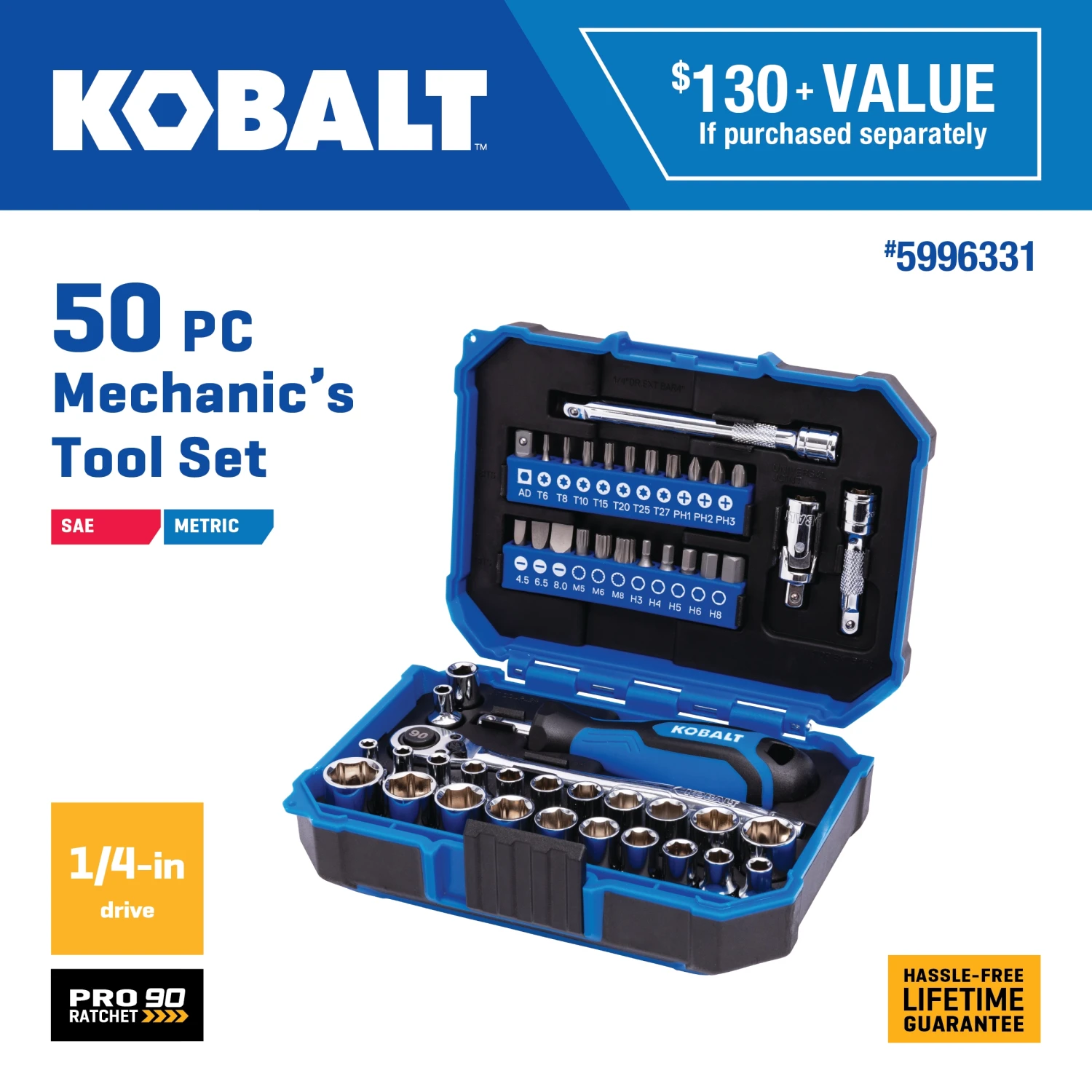 Kobalt 50 -Piece Standard (SAE) And Metric Mechanics Tool Set With Hard Case 1 Kobalt 50 -Piece Standard (SAE) And Metric Mechanics Tool Set With Hard Case